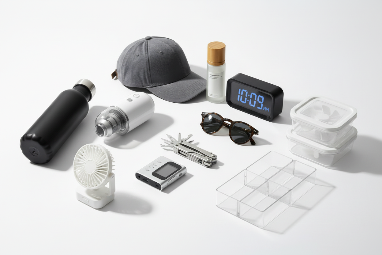 add a mini portable fan, water botlle, kitchen organisers etc